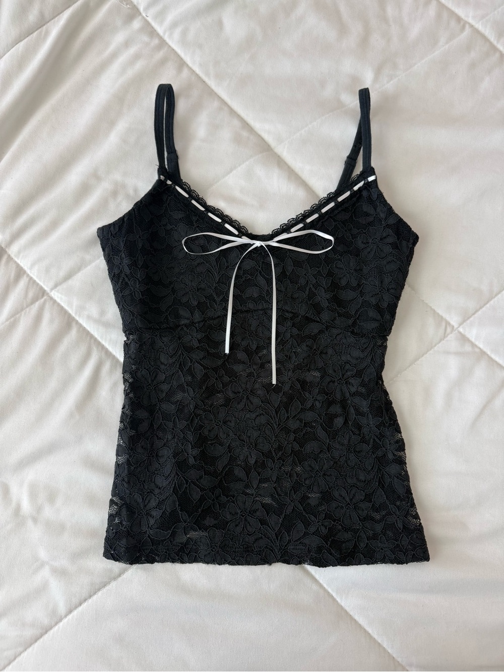 Hollister Black Lace Camisole with White Ribbon Bow
